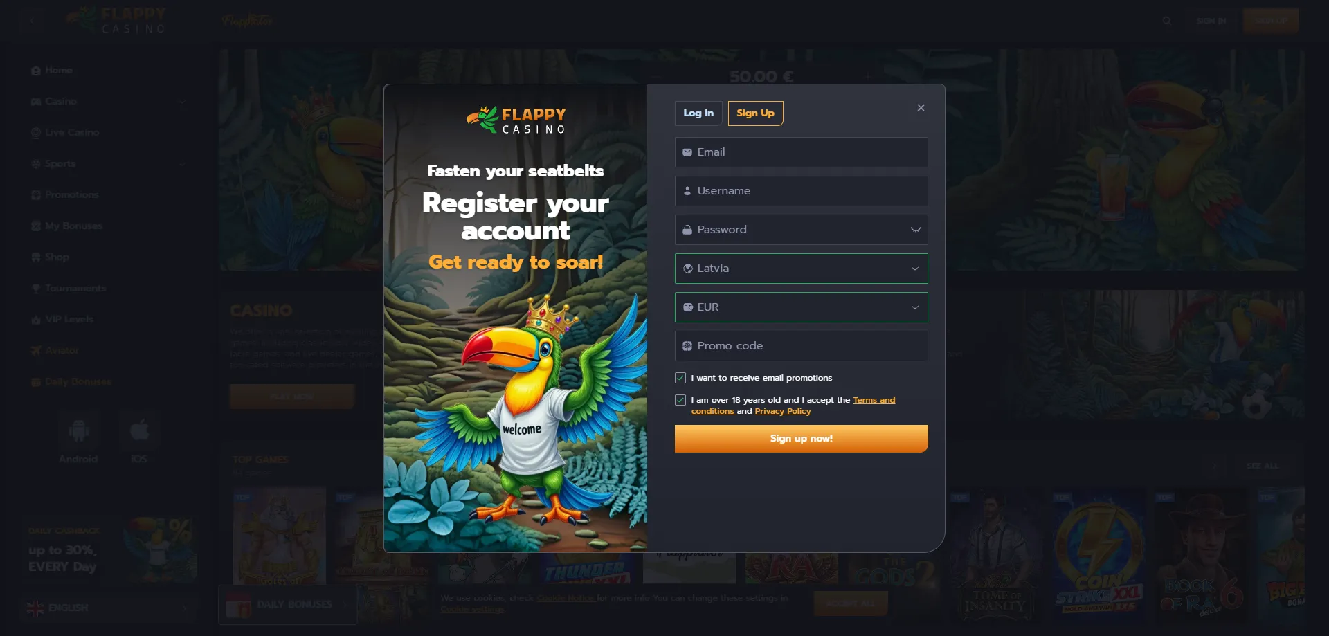 Flappy Casino reģistrācijas veidlapa jauniem Latvijas spēlētājiem