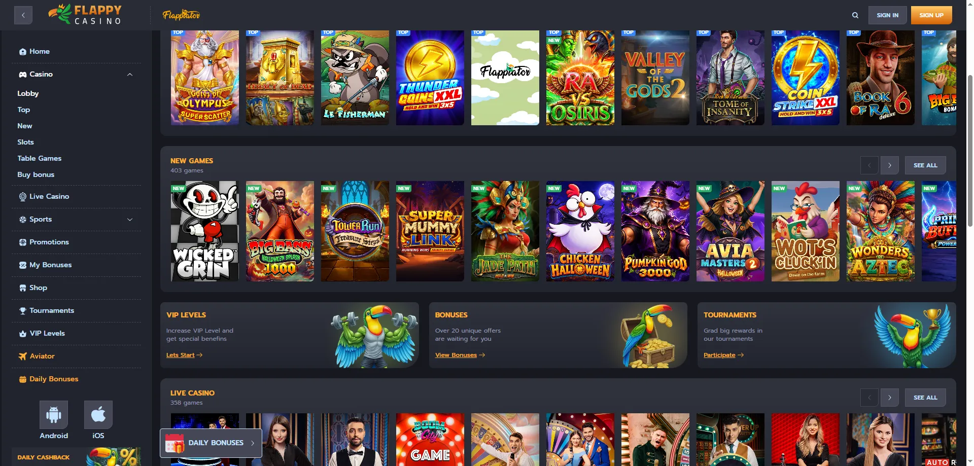 Flappy casino tiešsaistes spēļu katalogs ar vairāk nekā 11 000 nosaukumiem