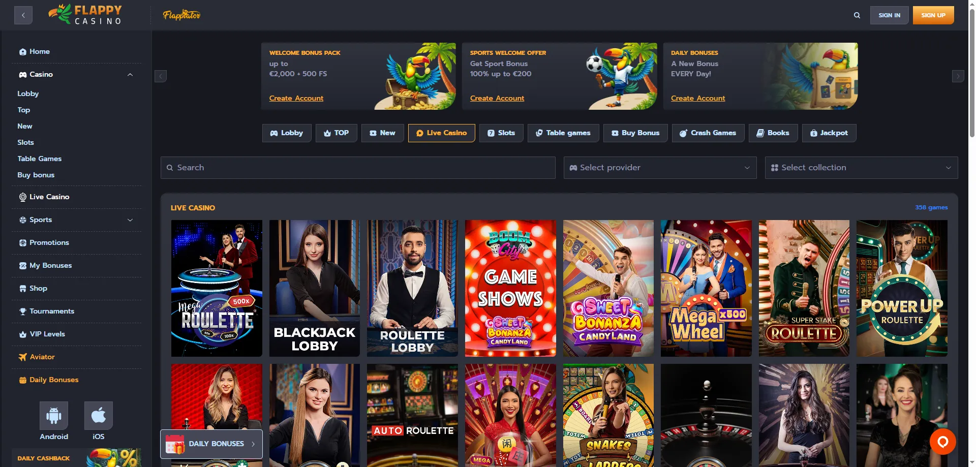 Flappy Casino live kazino — vairāk nekā 400 tiešraides galdu